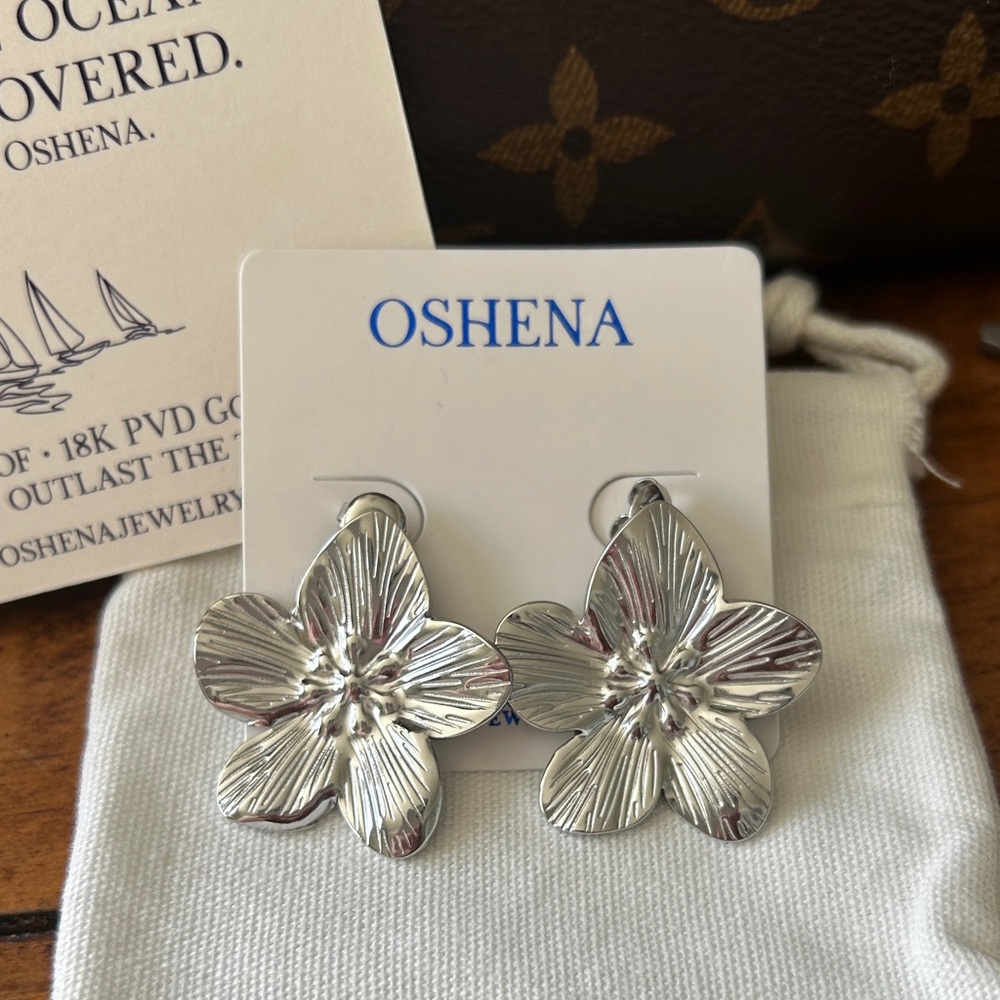 Oshena Designer Beachwear Silver Hibiscus Stud Earrings - Polished Flower Design